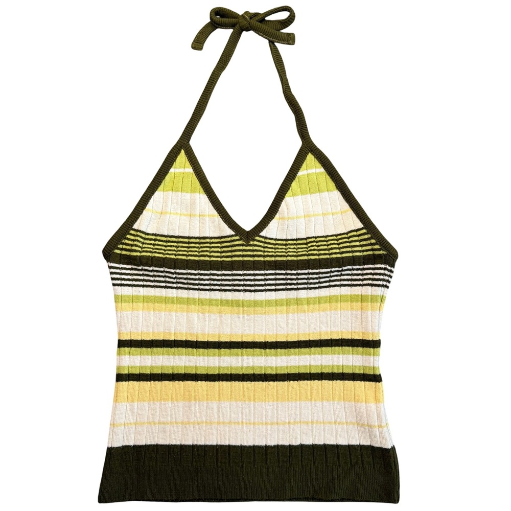 Blue Asphalt y2k Wet Seal Halter Top Medium Green Striped Ribbed Knit V-Neck